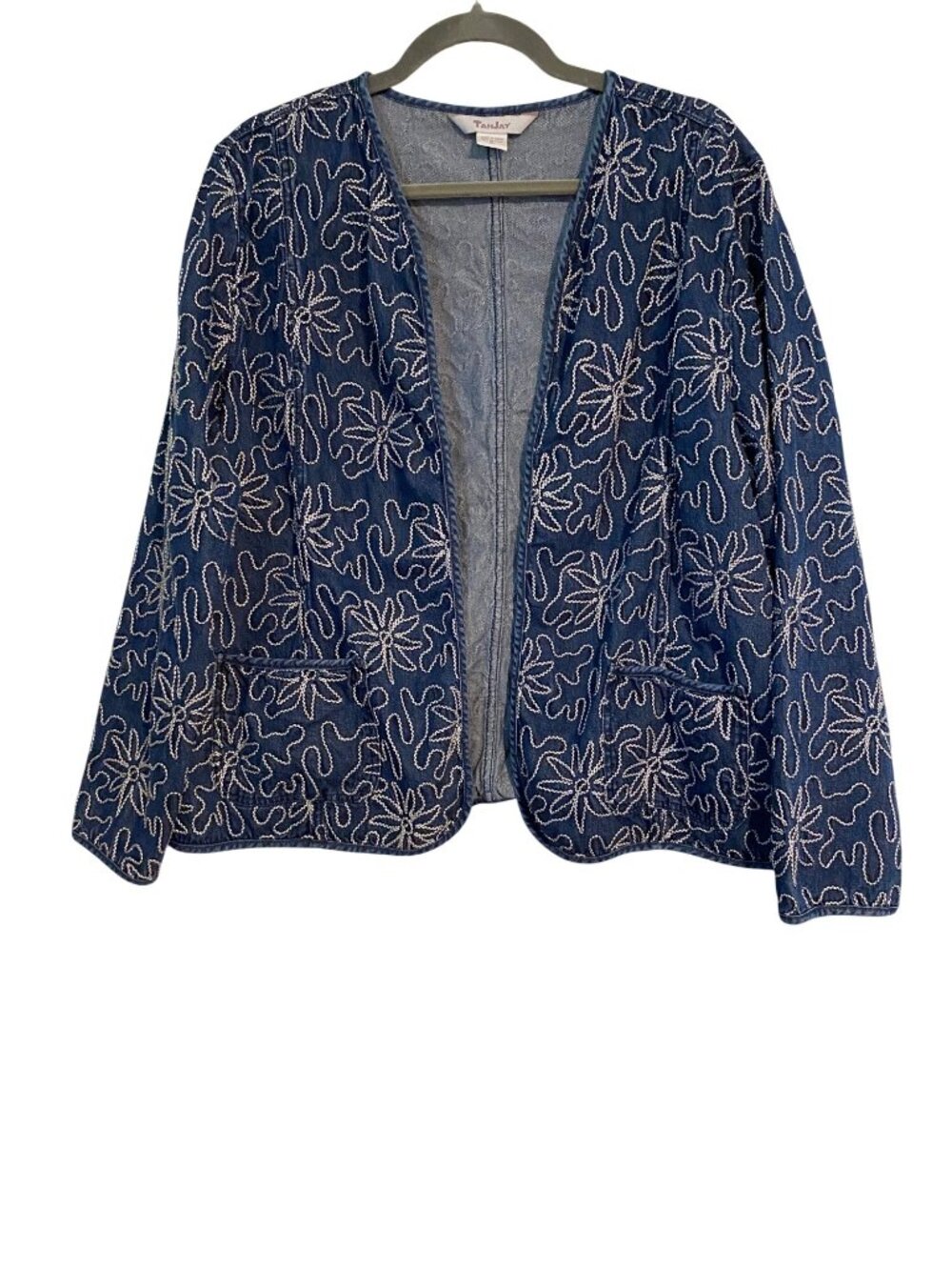TanJay Women's XL Blue Denim Jacket White Floral Embroidered Open-Front Bohemian